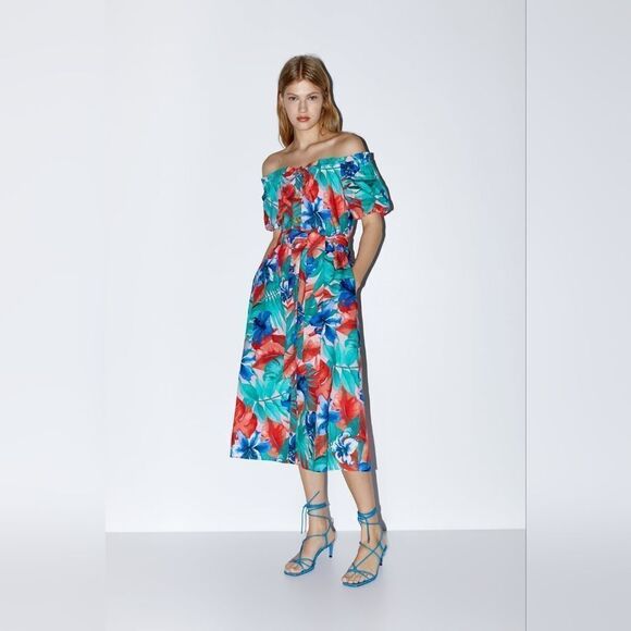 Zara Tropical Print Dress Off Shoulder Midi Length‎ A-line Green Orange Small - Picture 1 of 7